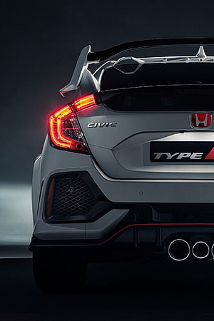Rear View of Silver Honda Civic Type R with Large Spoiler and Triple Exhaust HD phone wallpaper