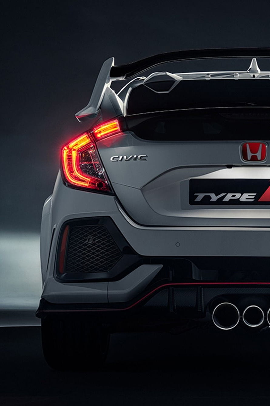 Rear View of Silver Honda Civic Type R with Large Spoiler and Triple Exhaust HD phone wallpaper