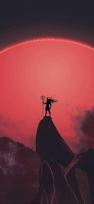 Lord Shiva Silhouette Standing on Mountain Peak with Trishula Against Red Sky HD phone wallpaper