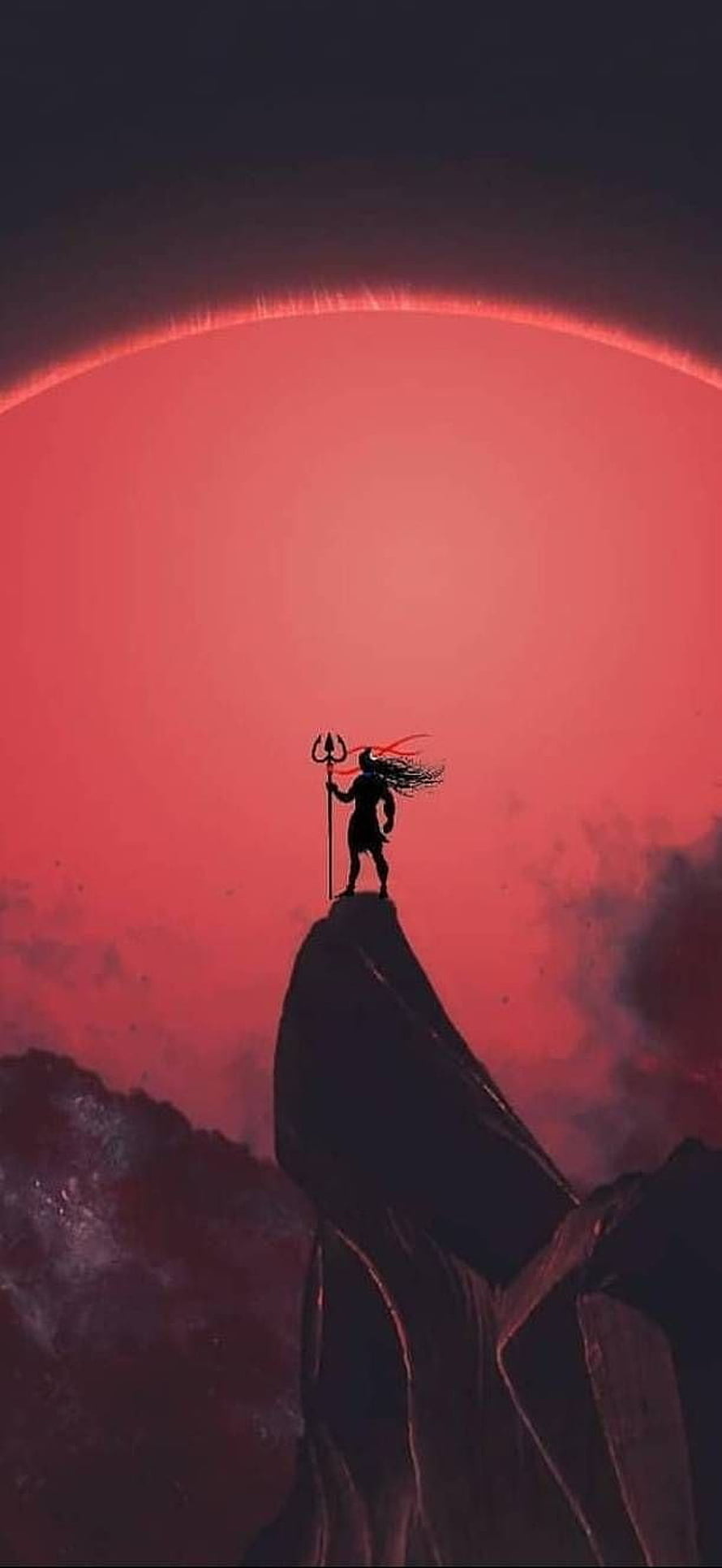 Lord Shiva Silhouette Standing on Mountain Peak with Trishula Against Red Sky HD phone wallpaper