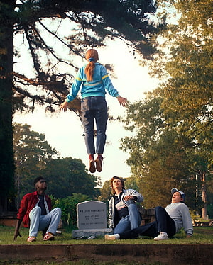 Stranger Things Season 4 Scene with Four Characters in a Cemetery Setting HD phone wallpaper