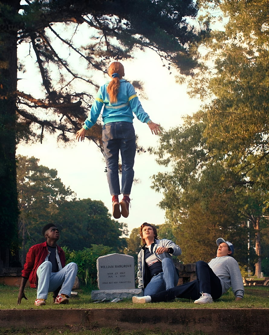 Stranger Things Season 4 Scene with Four Characters in a Cemetery Setting HD phone wallpaper