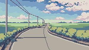 8 Bit Japan Pixel Art Countryside Road with Power Lines and Rolling Green Fields HD wallpaper