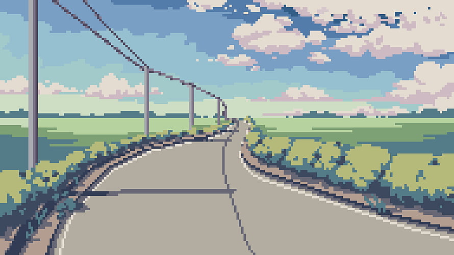 8 Bit Japan Pixel Art Countryside Road with Power Lines and Rolling Green Fields HD wallpaper