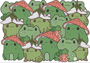 Cute Chibi Frog Illustration with Mushroom Hats and Strawberries in Cottagecore Style HD wallpaper