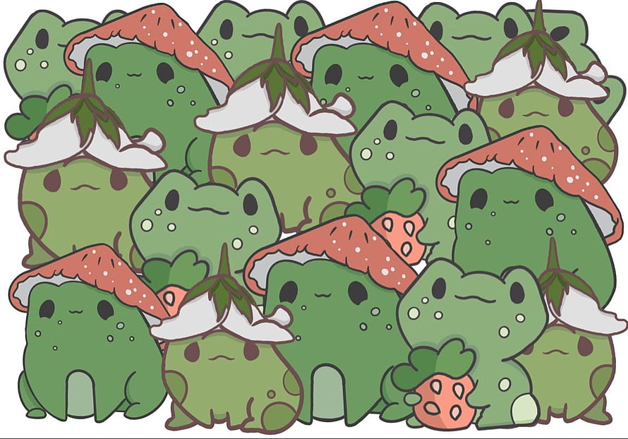 Cute Chibi Frog Illustration with Mushroom Hats and Strawberries in Cottagecore Style HD wallpaper