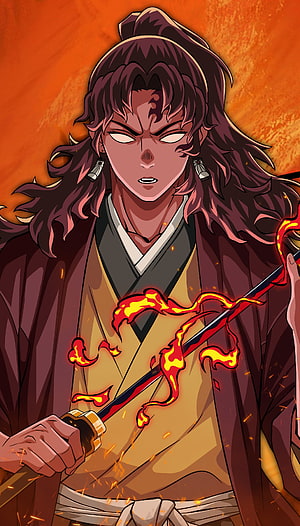 Kyojuro Rengoku from Demon Slayer wielding a flaming sword in traditional samurai attire HD phone wallpaper