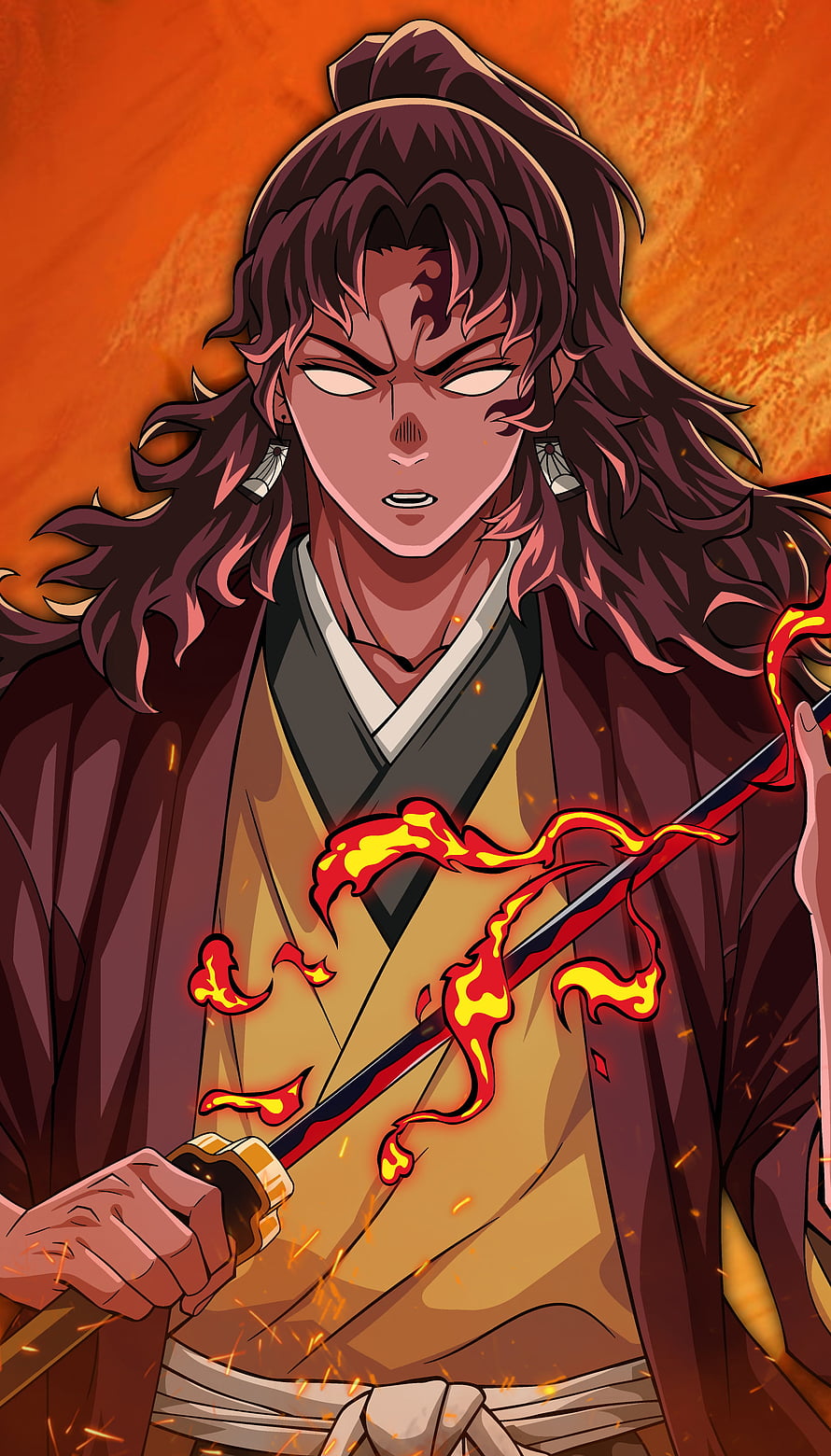 Kyojuro Rengoku from Demon Slayer wielding a flaming sword in traditional samurai attire HD phone wallpaper