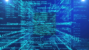 Abstract Digital Code Rain Background With Floating Programming Syntax And Blue Holographic Data Stream HD wallpaper