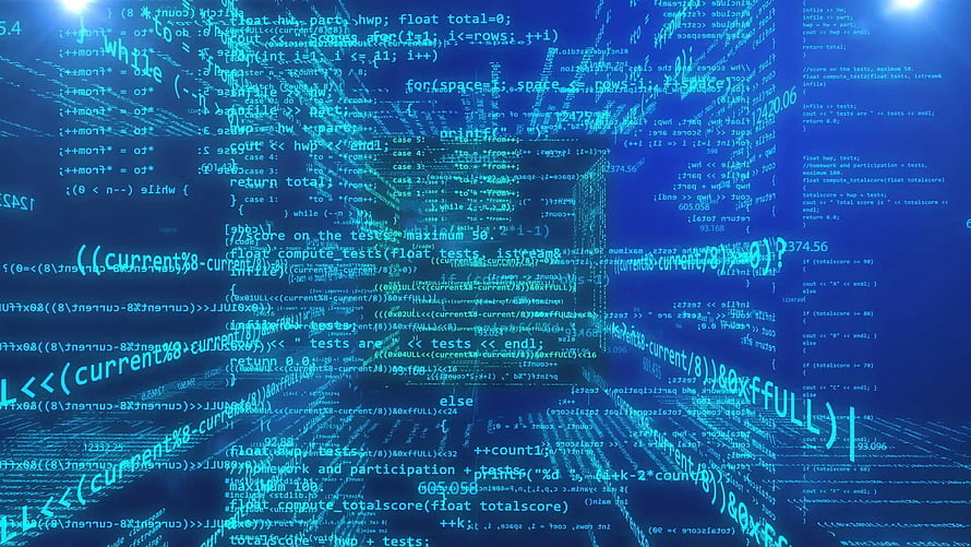 Abstract Digital Code Rain Background With Floating Programming Syntax And Blue Holographic Data Stream HD wallpaper