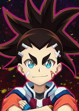Aiger Akabane from Beyblade Burst anime character portrait with spiky hair and glowing eyes HD phone wallpaper