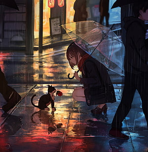 Anime Girl With Umbrella Crouching To Black Cat Holding Red Rose In Rainy City Street HD phone wallpaper