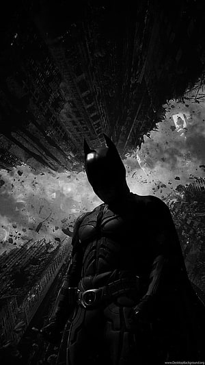 Batman standing in silhouette amidst a destroyed cityscape in black and white, Batman The Dark Knight For Background, The Dark Knight Mobile HD phone wallpaper