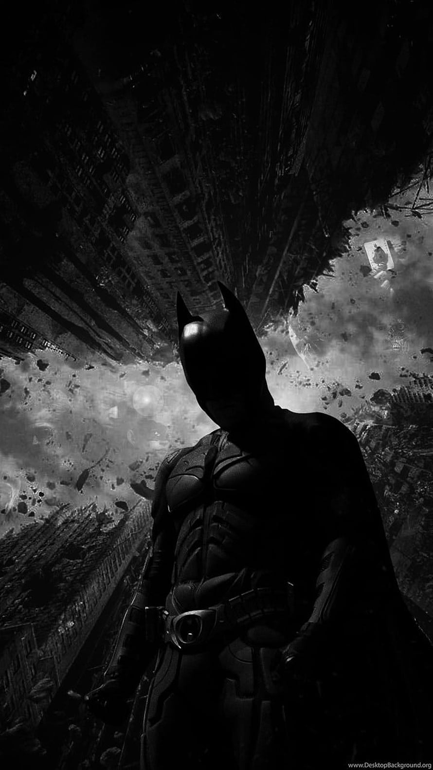 Batman standing in silhouette amidst a destroyed cityscape in black and white, Batman The Dark Knight For Background, The Dark Knight Mobile HD phone wallpaper