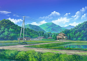 Serene Anime Countryside Landscape With Green Mountains And Traditional Farmhouse HD wallpaper