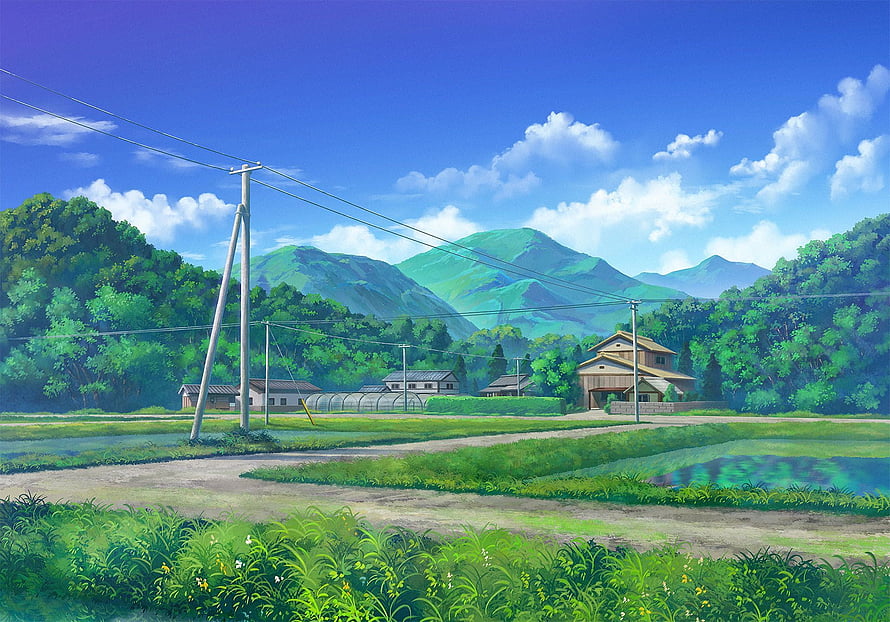 Serene Anime Countryside Landscape With Green Mountains And Traditional Farmhouse HD wallpaper
