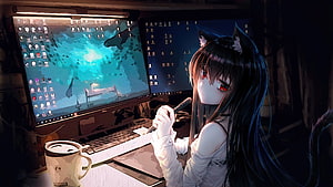 Anime girl with cat ears drawing on digital tablet at dual monitor desk setup HD wallpaper