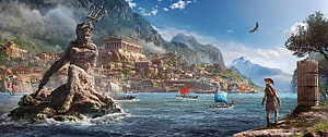 Ancient Greek Coastal Cityscape with Poseidon Statue and Parthenon HD wallpaper