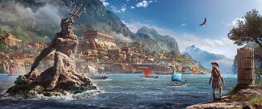 Ancient Greek Coastal Cityscape with Poseidon Statue and Parthenon HD wallpaper