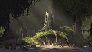 Shrek's Swamp Cottage in Misty Forest with Mossy Roof and Sunbeams HD wallpaper