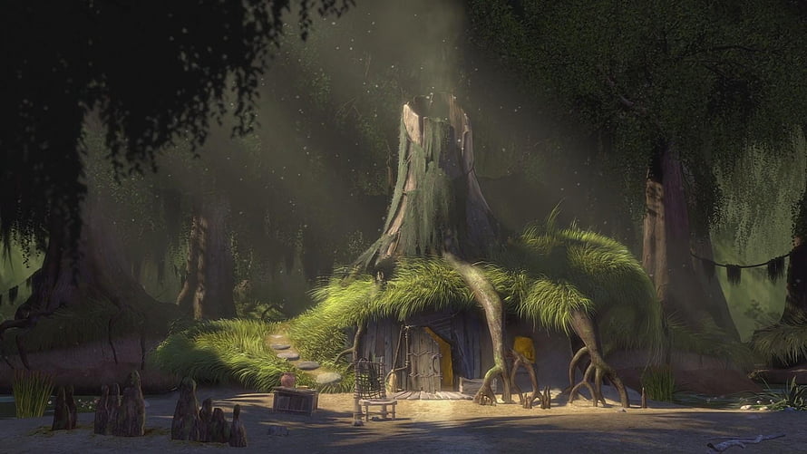 Shrek's Swamp Cottage in Misty Forest with Mossy Roof and Sunbeams HD wallpaper