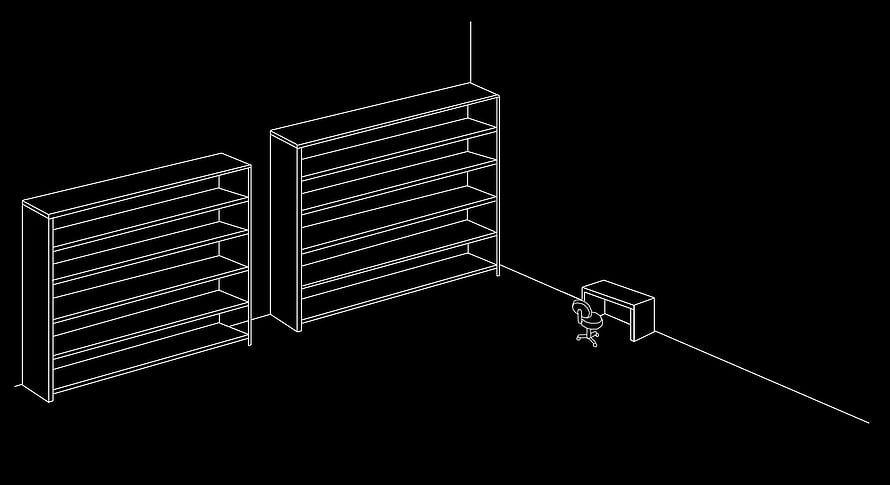 Minimalist Wireframe Illustration of Empty Bookshelves and Office Desk on Black Background HD wallpaper