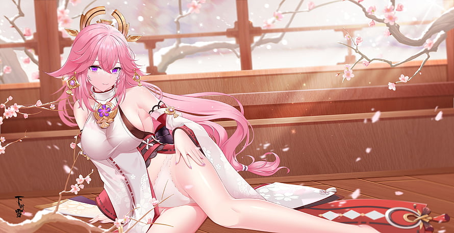 Yae Miko from Genshin Impact in a white kimono with cherry blossoms HD wallpaper