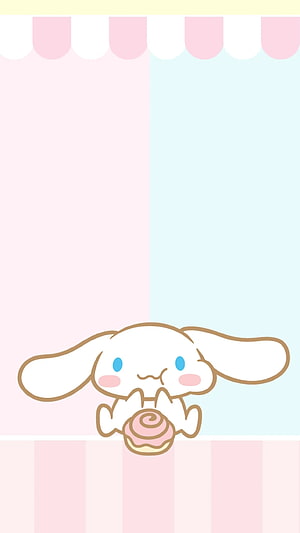Cinnamoroll Holding a Pink Swirl Pastry Against a Pastel Pink and Mint Background HD phone wallpaper