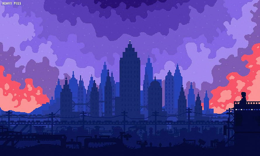 Pixel Art Cityscape at Dusk with Purple Sky and Silhouetted Skyscrapers HD wallpaper