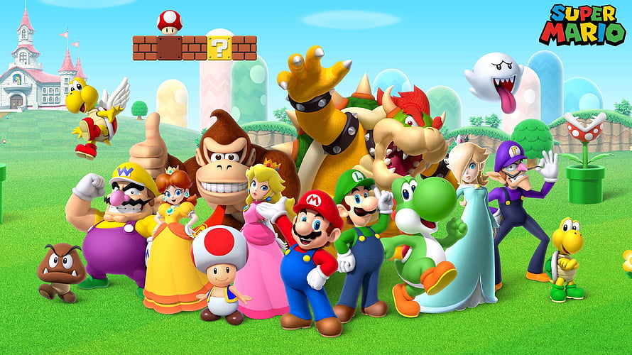 Super Mario Bros Character Group Photo with Mario, Luigi, Peach, Bowser, and Donkey Kong in Mushroom Kingdom HD wallpaper