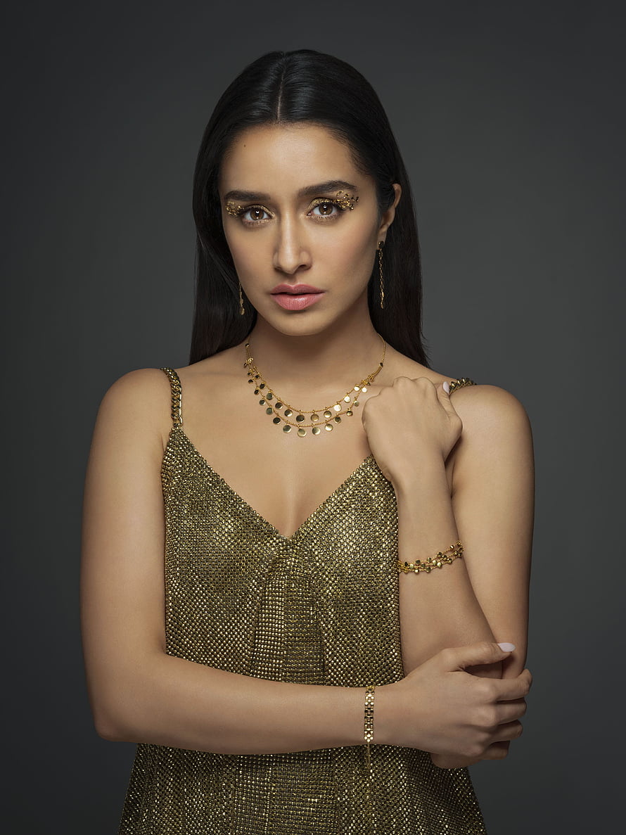 Shraddha Kapoor in Gold Sequined Dress with Statement Jewelry and Dramatic Eye Makeup HD phone wallpaper