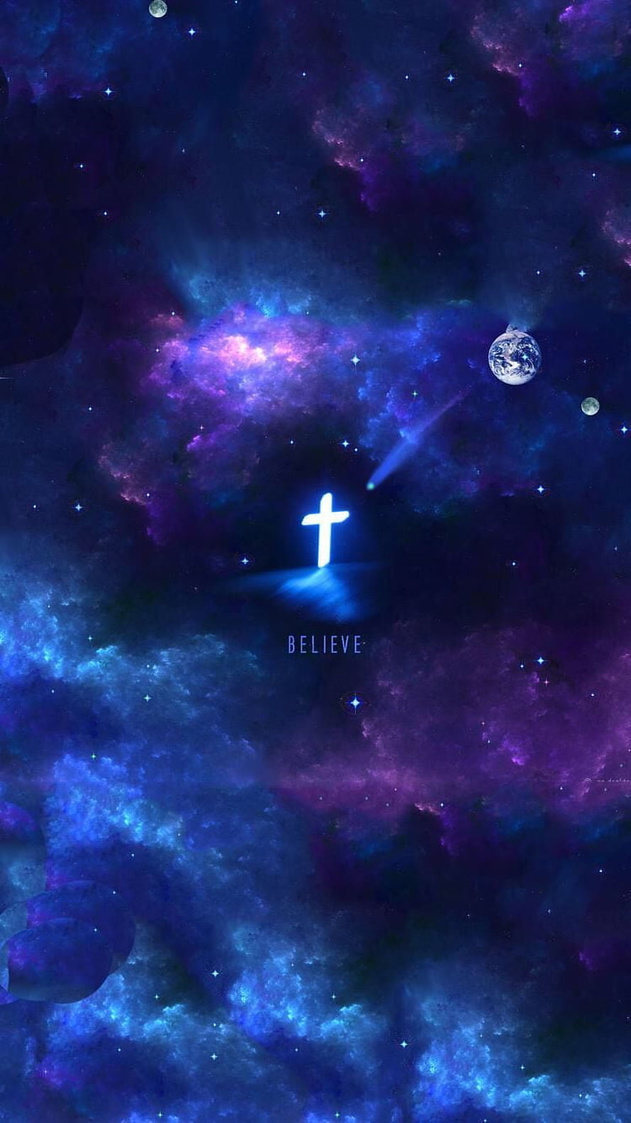 Glowing Christian Cross in Vibrant Purple and Blue Galaxy Nebula HD phone wallpaper