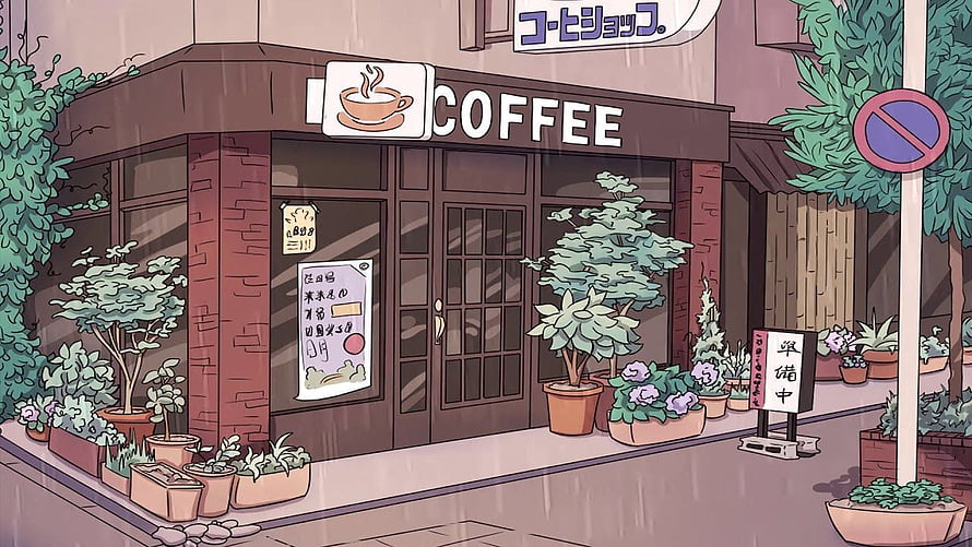 Cozy Anime Style Coffee Shop Exterior With Potted Plants And Rainy Street Atmosphere HD wallpaper