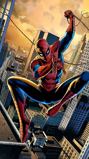 Spider-Man Swinging Through City at Sunset Comic Art, Spiderman Comic, Comic Cartoon, Spiderman Comic Cartoon HD phone wallpaper
