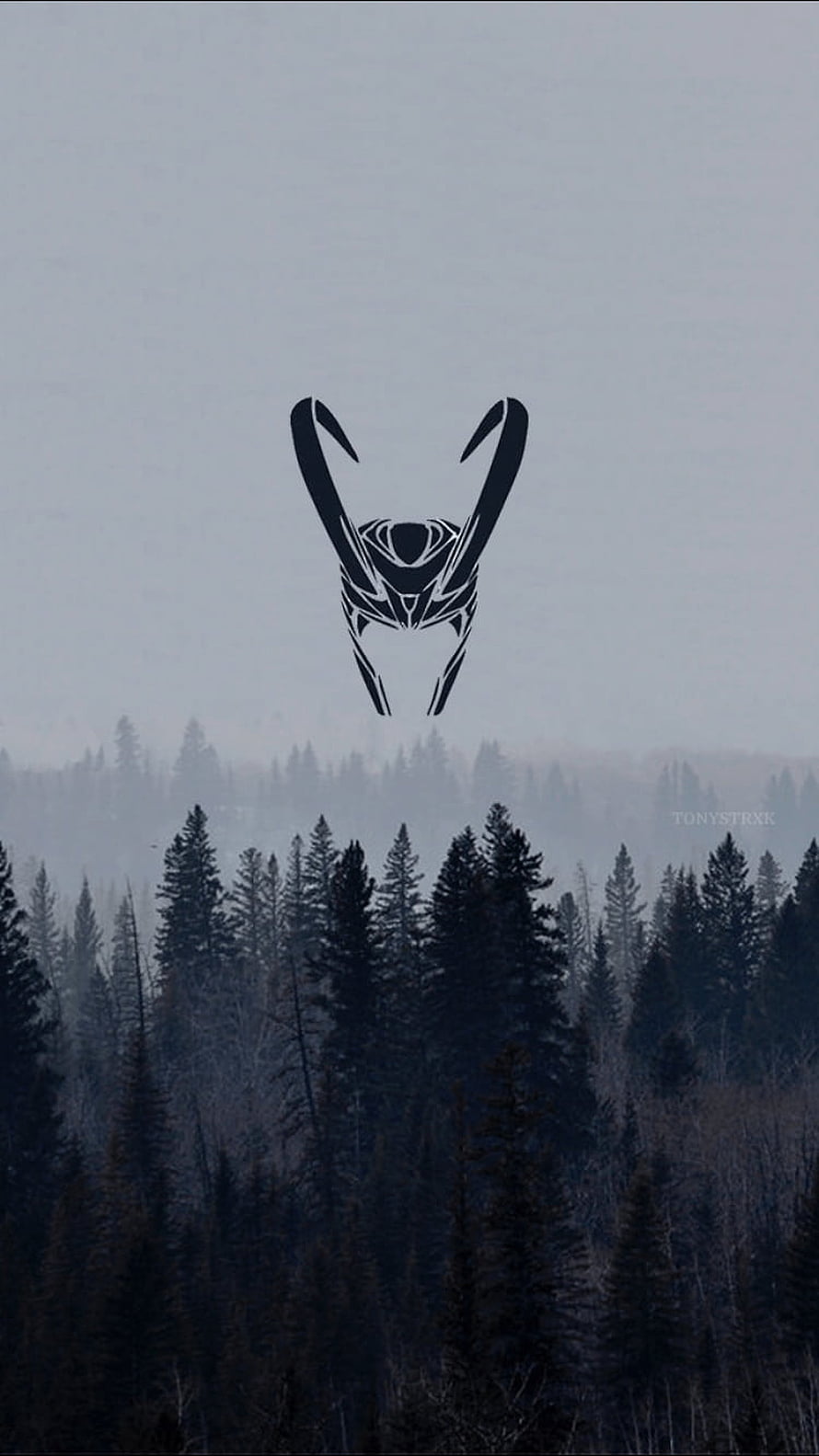 Loki Minimalist Mask Silhouette Over Misty Pine Forest Landscape HD phone wallpaper