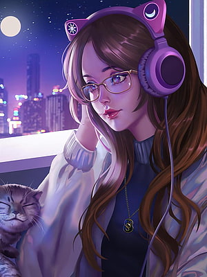 Anime Girl with Cat Ears and Headphones Relaxing with Cat at Night HD phone wallpaper