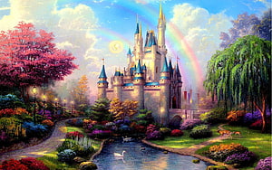 Cinderella Castle in a Dreamlike Garden with Rainbow and Swans HD wallpaper