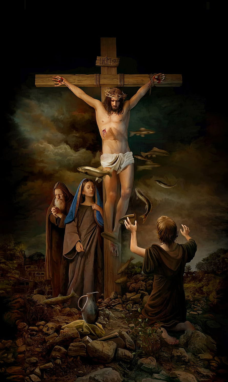 Jesus on the Cross with Flying Fish and Devotees in a Dramatic Religious Painting HD phone wallpaper