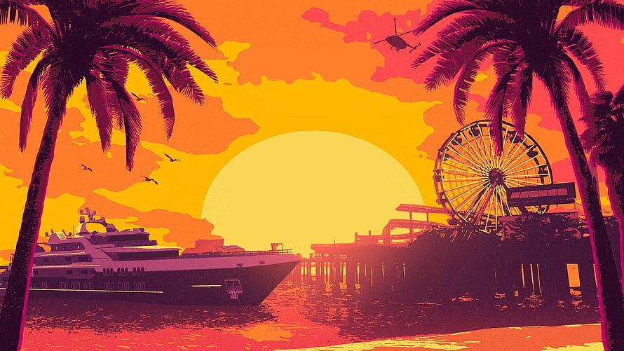 GTA Online Los Santos Sunset with Yacht, Ferris Wheel, and Palm Trees in Retro Style HD wallpaper
