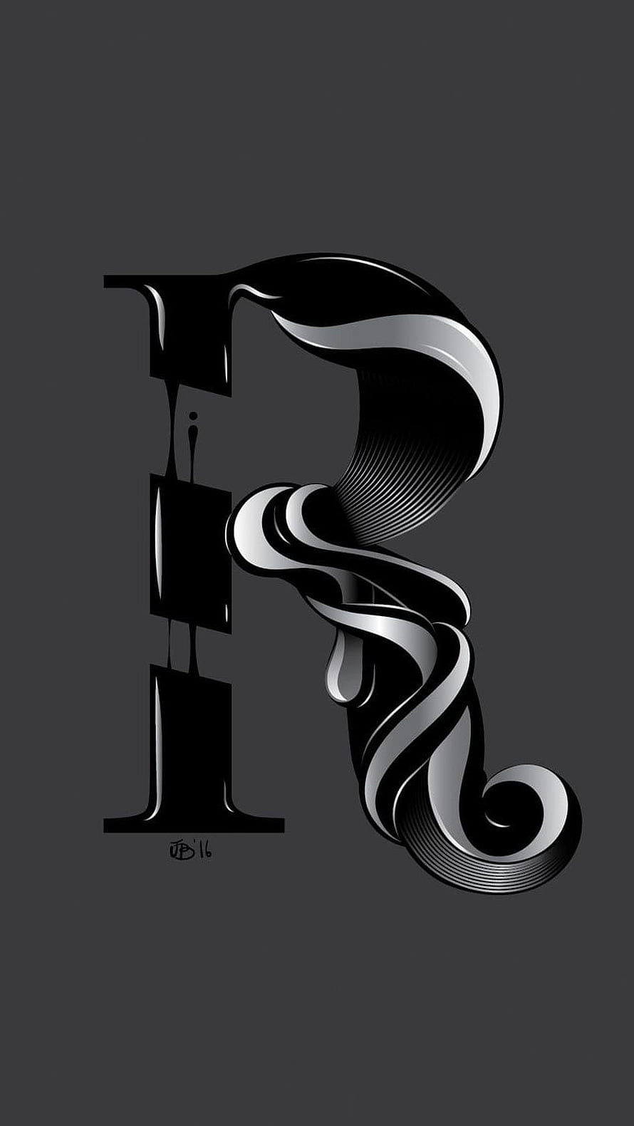 Stylized Letter R Typography Art With Liquid Ink Drips And Swirling Ribbons On Dark Background HD phone wallpaper