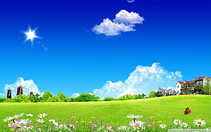 Vibrant Green Meadow With Windmills And Houses Under Blue Sky HD wallpaper
