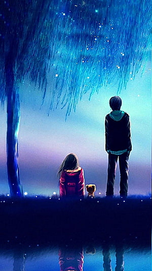 Romantic Anime Couple Under Glowing Willow Tree at Night HD phone wallpaper