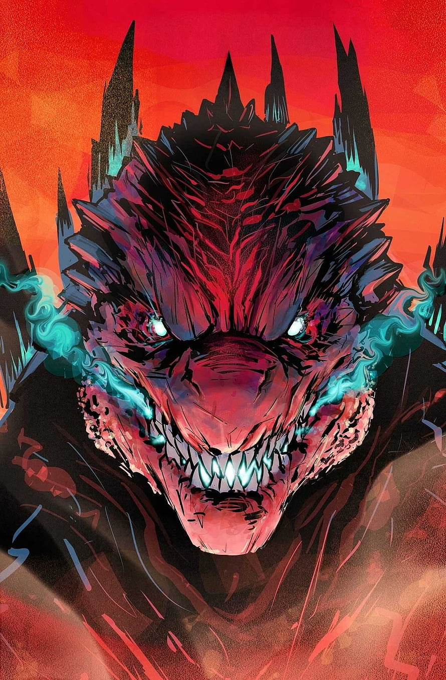 Fierce Godzilla Head Illustration With Glowing Eyes And Fiery Red Background HD phone wallpaper