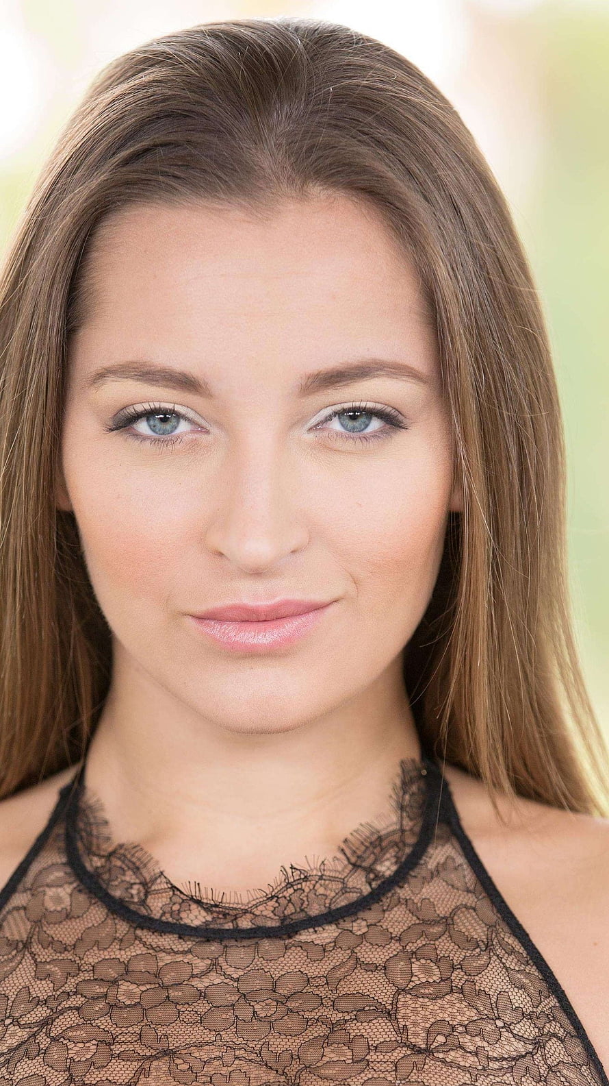 Portrait of a woman with long brown hair and blue eyes wearing a black lace top, Dani Daniels, pstar HD phone wallpaper