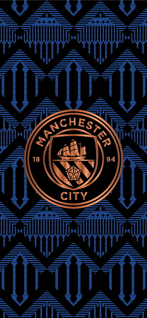 Manchester City FC Logo Wallpaper with Blue Geometric Pattern and Copper Crest, manchester city fc HD phone wallpaper