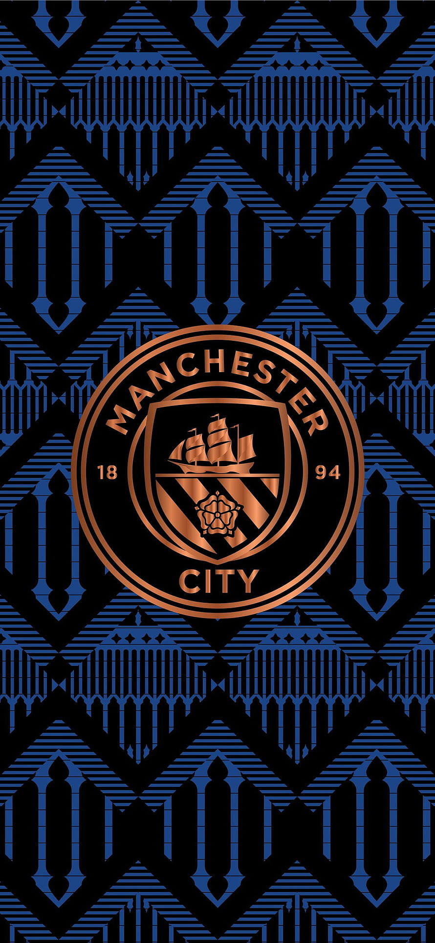 Manchester City FC Logo Wallpaper with Blue Geometric Pattern and Copper Crest, manchester city fc HD phone wallpaper