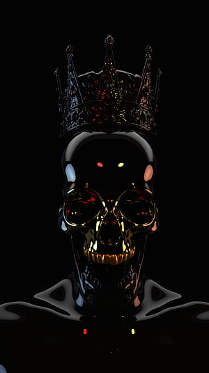 Glossy Black Skull Wearing an Ornate Crown with Gold Teeth on a Dark Background HD phone wallpaper