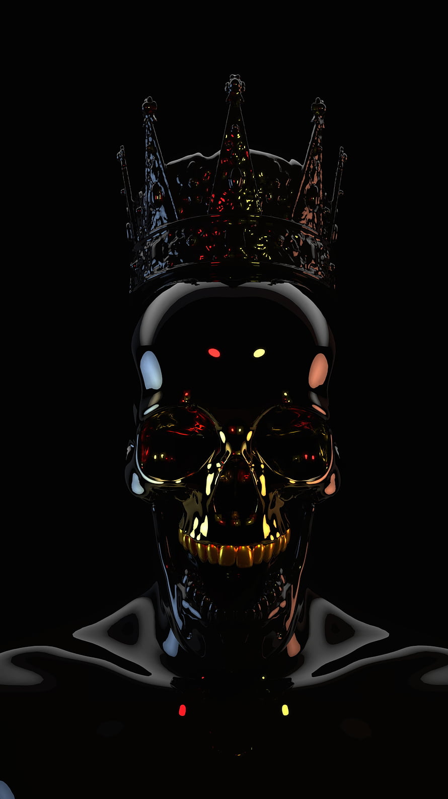 Glossy Black Skull Wearing an Ornate Crown with Gold Teeth on a Dark Background HD phone wallpaper