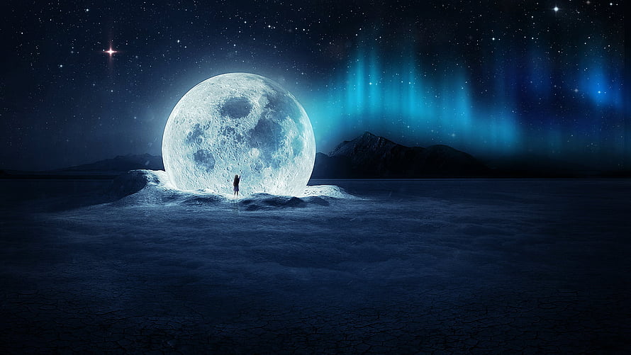 Surreal Night Scene With Giant Moon, Lone Figure, and Aurora Borealis Over a Frozen Landscape HD wallpaper