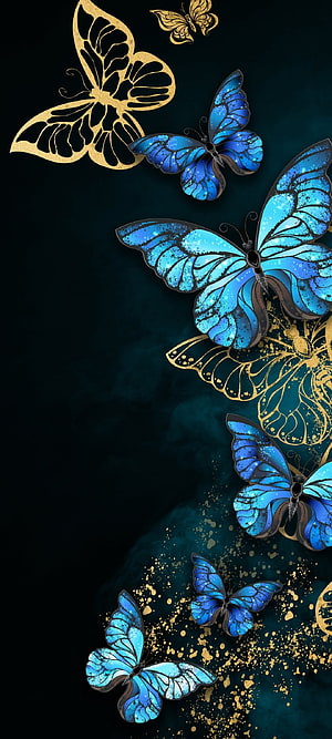 Elegant Blue and Gold Butterfly Art on Dark Teal Background HD phone wallpaper